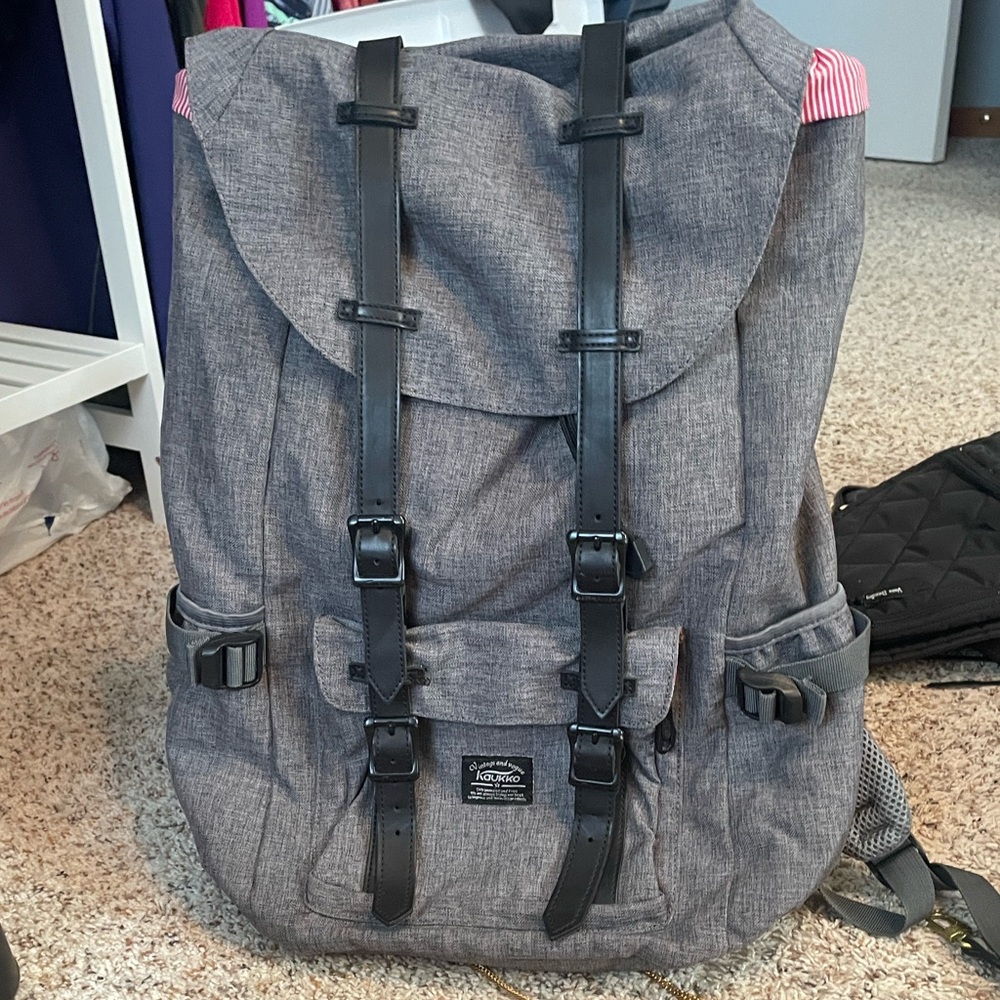 Kaukko canvas leather Rucksack Travel Laptop Backpack  School Hiking 15.6" Grey